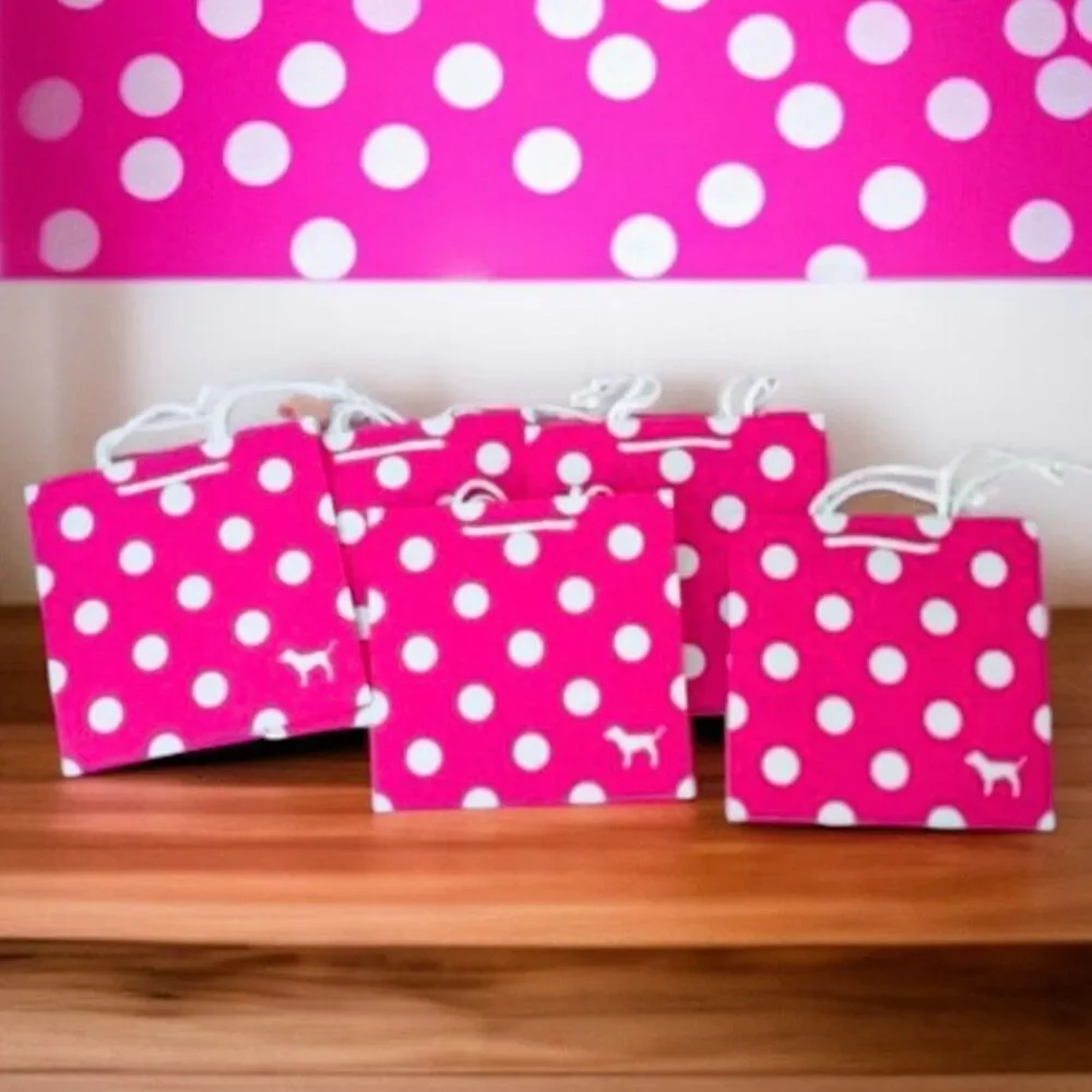 New 5 Victoria's Secret PINK Polka Dots 8”Hx8”Wx4.5”D Paper Gift Shopping Bags